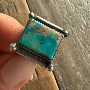 Vintage Native Navajo Handmade Teal Turquoise Sterling Silver Ring Size 5.5